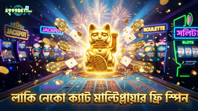 লাকি নেকোতে ক্যাট মাল্টিপ্লায়ার এবং ফ্রি স্পিন বাই ফিচার দেখানো হয়েছে